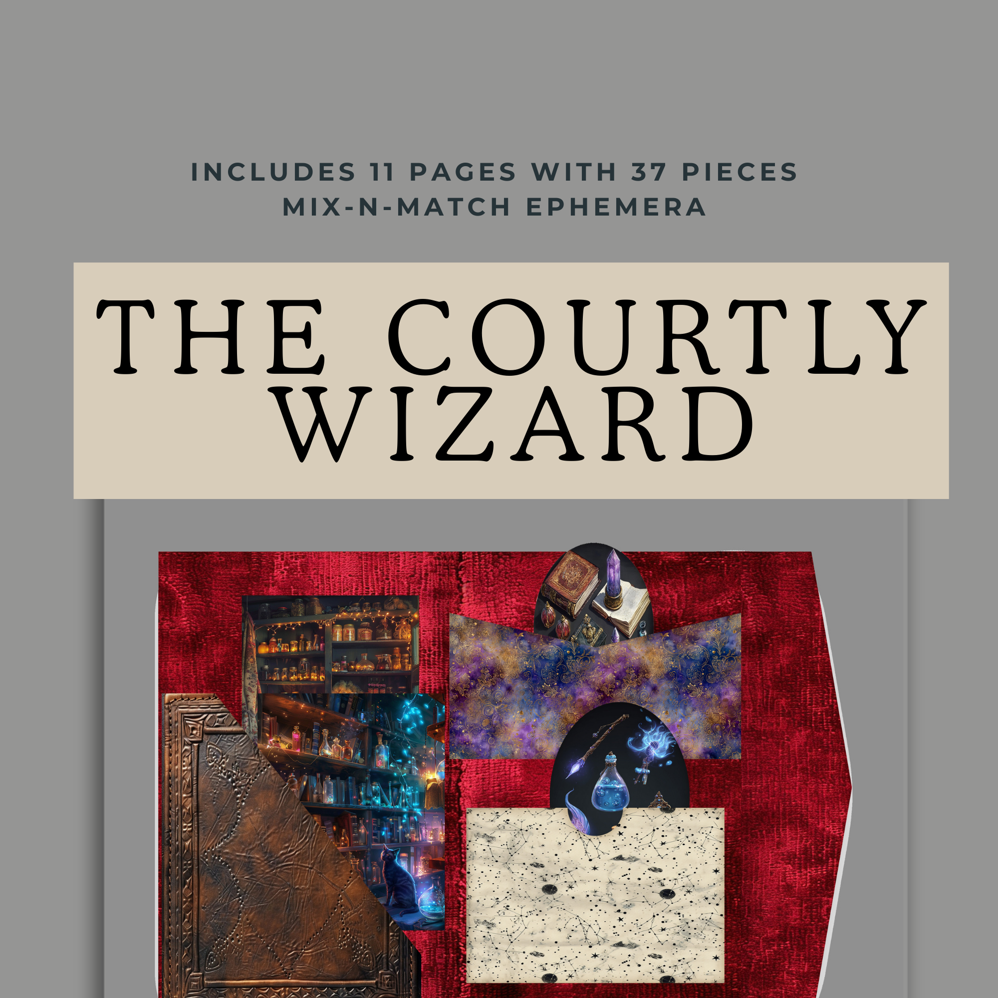 a red velvet folio with ephemera and the title the courtly wizard
